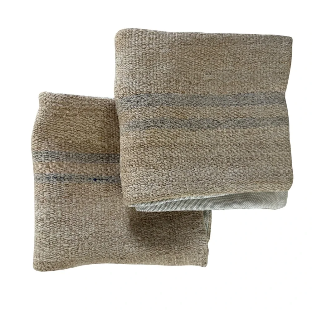 Set of 2 Hand Woven 100% Wool Kilim Pillow Covers 20x20 Tan Blue Made in Turkey